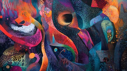 Otherworldly abstract art with intricate geometric patterns and strange organic forms in vibrant modern colors