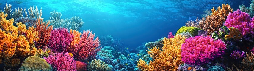 Obraz premium Vibrant colors of coral reefs blended with abstract, geometric ocean patterns, representing the diversity of marine life