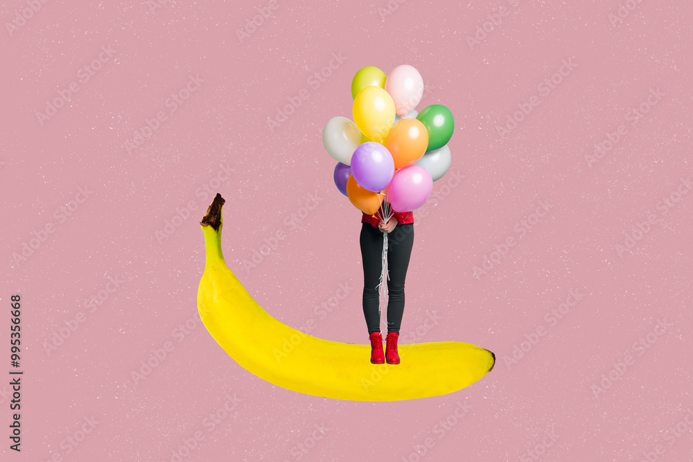 Canvas Prints Creative collage young headless woman stand air colorful balloons party guest celebrate birthday greeting postcard feast banana fruit