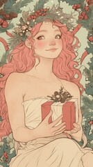 Fototapeta premium A drawing of a woman holding a christmas present