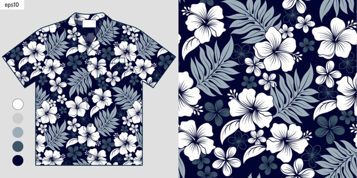 Elegant Tropical Hibiscus Flowers Seamless Pattern on Hawaiian Shirt Mockup, Perfect for Aloha Summer Fashion Style, Inspiring Design and Apparel for Trendy Summer Beachwear