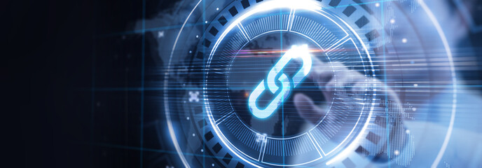 Chain Link icon on abstract blue background. Hyperlink chain symbol concept.