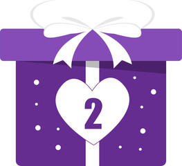 purple gift box with heart and ribbon and number 2