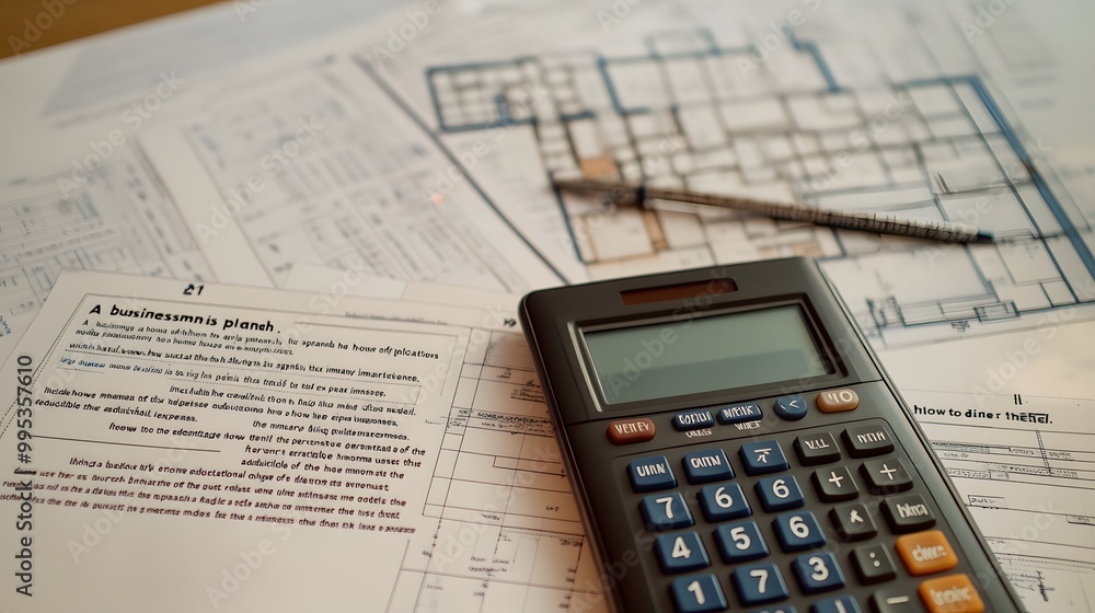 Poster calculator and handwritten notes on a table beside a blueprint