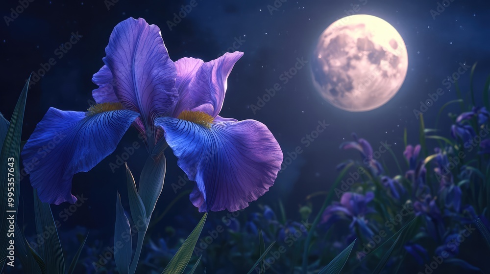 Poster An iris in full bloom, its petals illuminated softly by the moon, creating a serene and mysterious atmosphere