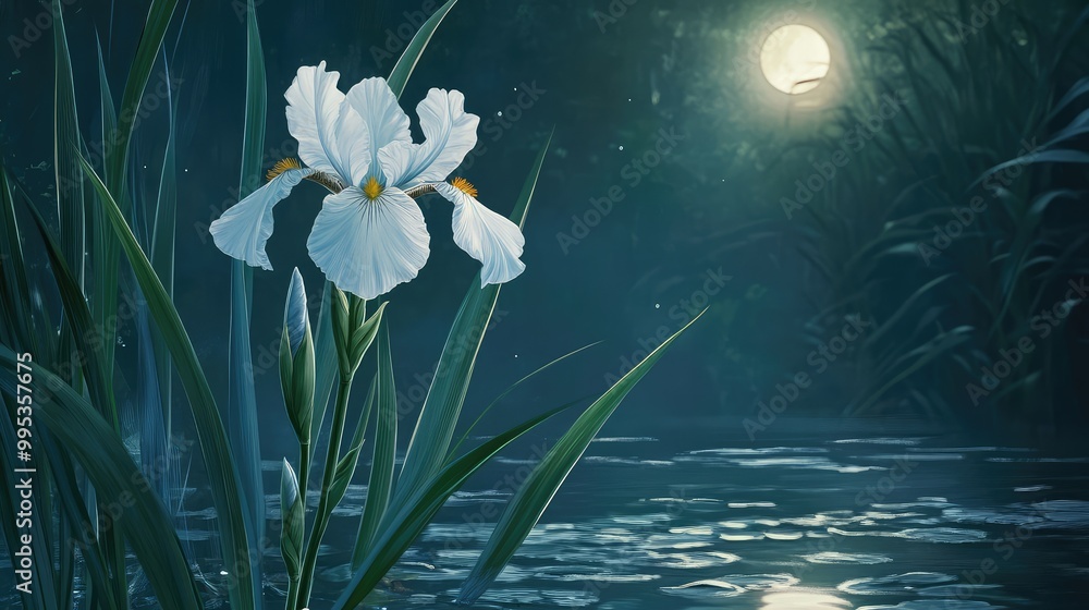 Poster an iris in full bloom, its petals illuminated softly by the moon, creating a serene and mysterious a