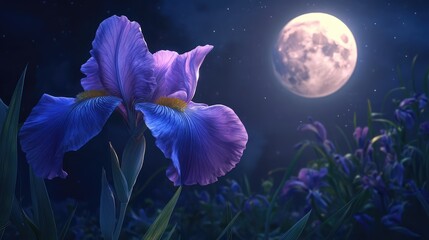 Obraz premium An iris in full bloom, its petals illuminated softly by the moon, creating a serene and mysterious atmosphere