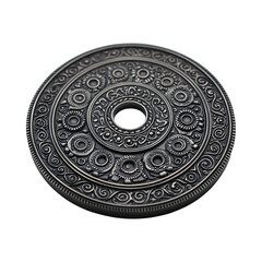 Naklejka premium A close-up image of a silver coin with a central hole and intricate design, isolated on a black background.