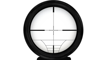 A black rifle scope with white crosshairs and aiming points