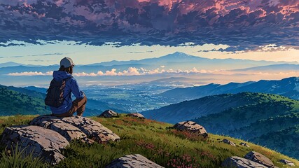 Fototapeta premium Top mountain landscape, hiker sitting on the rock, cloudy sky, vast mountain range illustration.