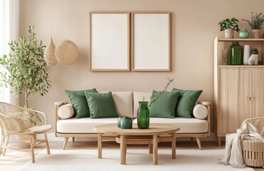 Eco-friendly living room with pastel beige walls, green accents, and wooden furniture. A white sofa, soft fluffy carpet, wooden cabinet, potted plants, bookshelves