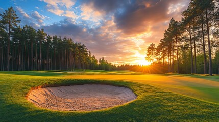 Scenic golf course at sunset, featuring lush greens and a serene sand bunker surrounded by tall trees.