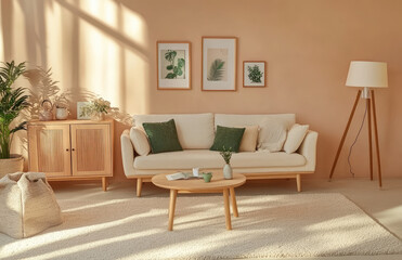 Eco-friendly living room with pastel beige walls, green accents, and wooden furniture. A white sofa, soft fluffy carpet, wooden cabinet, potted plants, bookshelves
