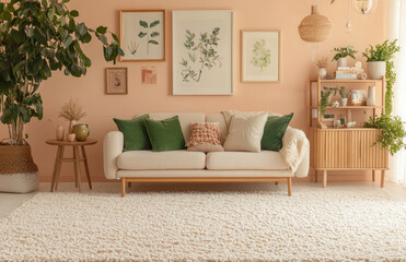 Obraz premium Eco-friendly living room with pastel beige walls, green accents, and wooden furniture. A white sofa, soft fluffy carpet, wooden cabinet, potted plants, bookshelves