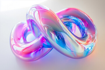 Neon iridescent holographic colourful gloss shiny intertwine interlock bubble liquid paint Installation swirl sculpture on white, artwork
