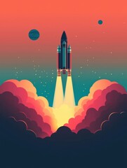 Rocket Launch into Space with Clouds and Stars