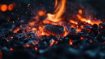 Closeup of Burning Embers with Flames and Sparks