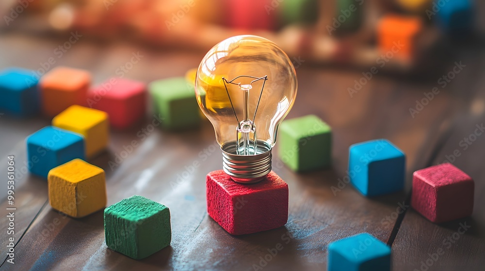 Poster lightbulb on a red cube surrounded by colorful wooden blocks