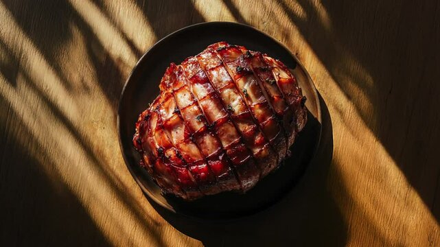 Delicious Glazed Ham on Dark Wooden Table