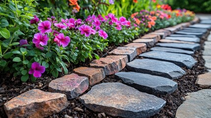 Vibrant flower garden with stone pathway and lush greenery.