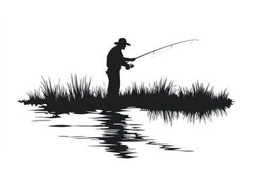 Fly fisherman fishing. art black fishing on white background 