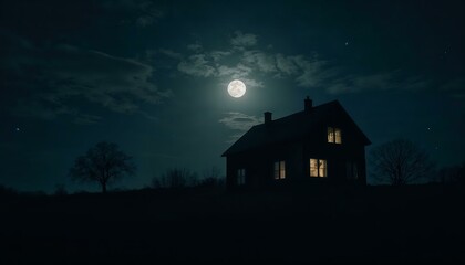 Old House Silhouette with Lit Windows Under Full Moon: Spooky Night Scene