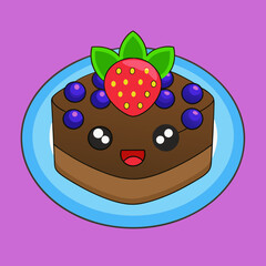 A colorful plate with a chocolate brownie. Top with strawberries and blueberries.