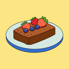 A colorful plate with a chocolate brownie. Top with strawberries and blueberries.