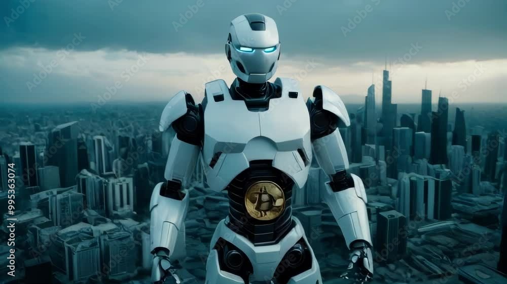 Poster a futuristic ai-generated image of a humanoid robot with a bitcoin emblem on its chest, standing ove