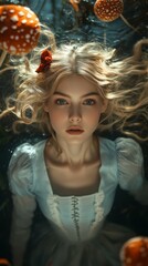 Fototapeta premium Young female model, dressed like Alice from Alice in wonderland. Wearing a blue dress with a white apron. In mystical forest surrounded by giant mushrooms. Fairytale. Magical. Whimsical. Dramatic.