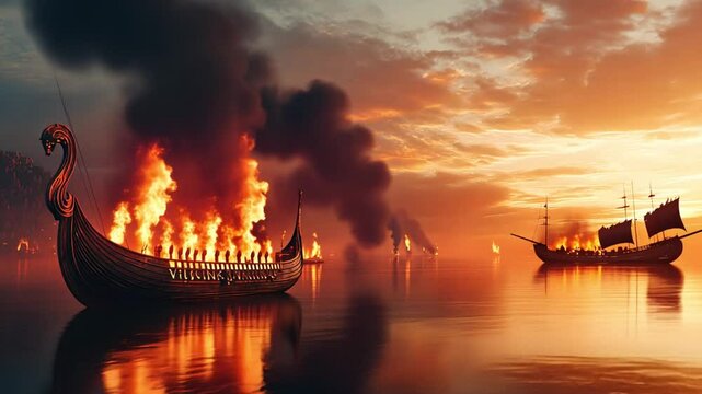 Burning Viking Ships at Sunset