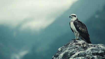 Hawk Perched on a Rock Against a Misty Mountain Background