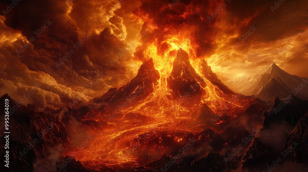 Poster an erupting volcano with lava flowing down its sides