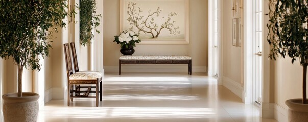 A serene hallway featuring potted plants, elegant artwork, and wooden furniture, creating a tranquil atmosphere.
