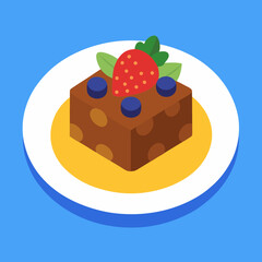 A colorful plate with a chocolate brownie. Top with strawberries and blueberries.