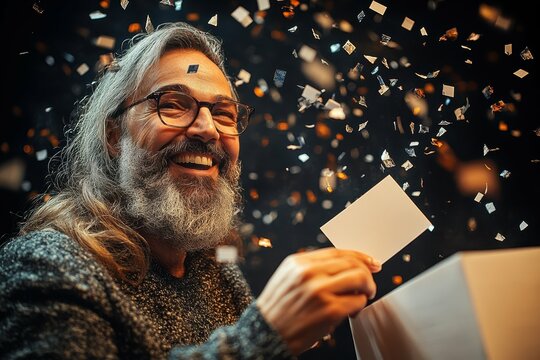 Party Invitation Celebration. Happy senior man holding ticket celebrating with confetti in dark room for party invitation, event promotion, birthday surprise, festive atmosphere, joyful expression, w