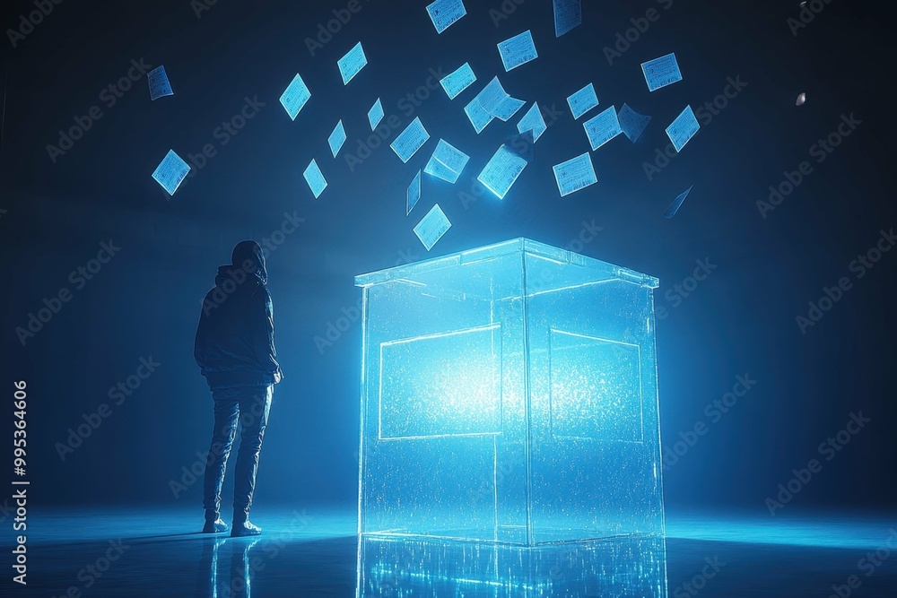 Poster a digital figure standing before a large glowing ballot box representing the significance of each ea