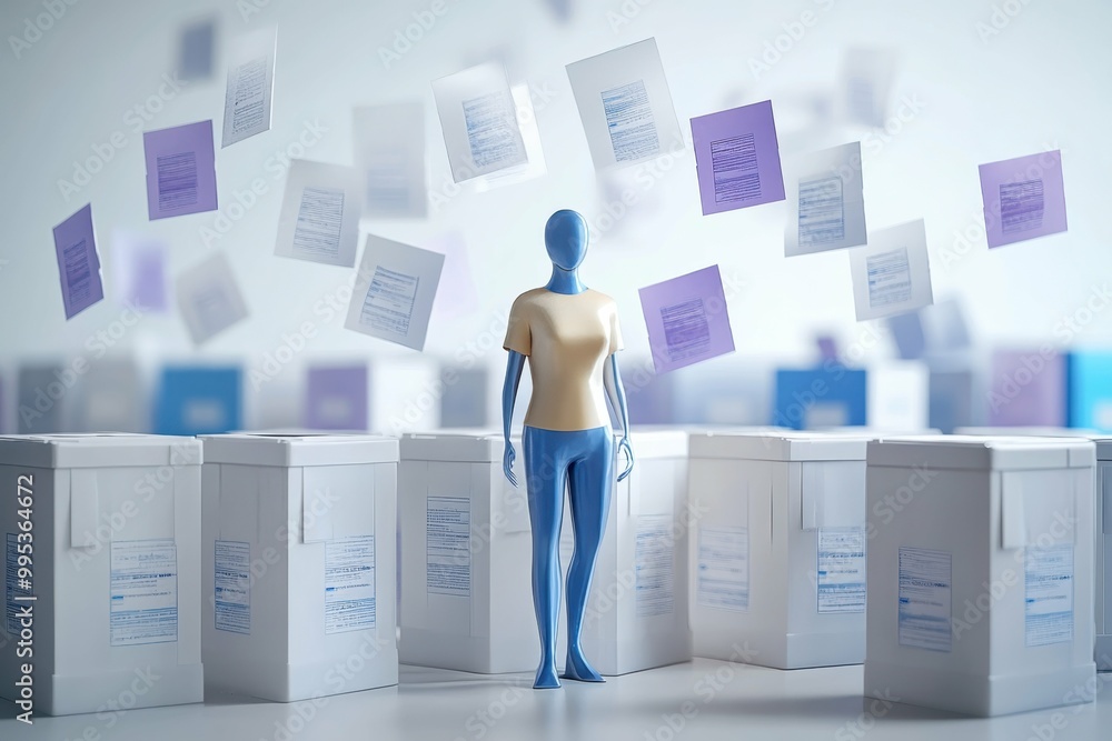 Aufkleber a digital figure standing in front of multiple ballot boxes representing the options and availabilit