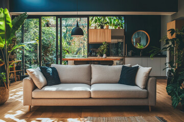 modern interior of an open plan living room and kitchen with light grey sofa, wooden floor and plants