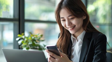 Fototapeta premium Smiling young Asian businesswoman using smartphone while working on laptop at modern office, professional woman in business suit engaged in online communication.