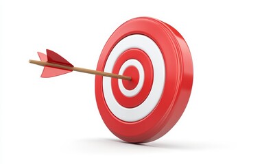 White arrow hit the center of the red target 3d icon cartoon style floating isolated on white background