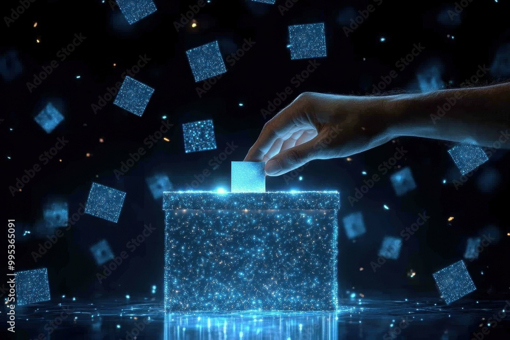 Aufkleber a digital representation of a hand reaching towards a floating ballot box symbolizing the accessibil