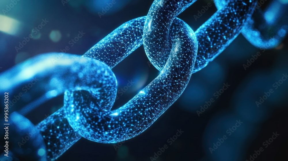 Poster blue digital chain link with glowing nodes