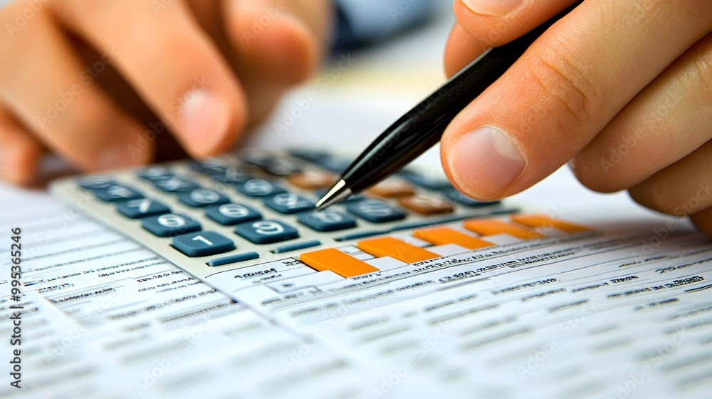 Poster close-up of a hand using a calculator and pen on a financial document