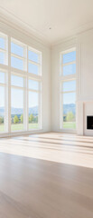 Obraz premium A large, empty room with a fireplace and large windows