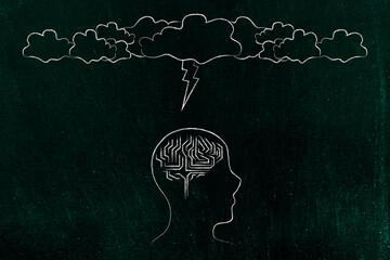 brainstorming and creative mind concept, person with brain connection icon next to cloud with lightning bolt