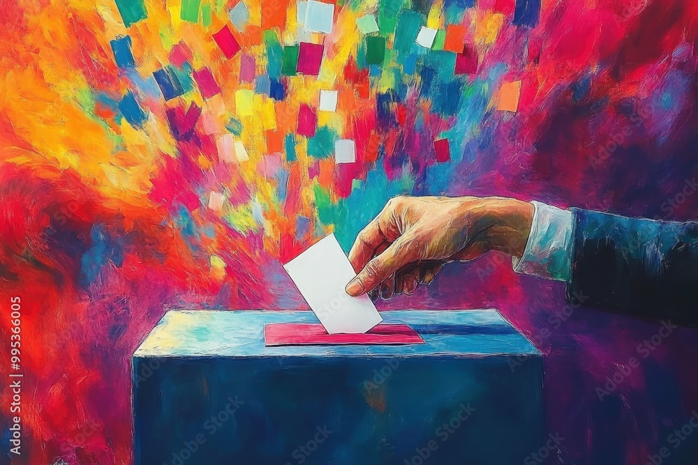 Aufkleber a stylized image of a hand casting a vote with a burst of color in the background symbolizing the vi