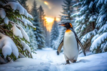 Fototapeta premium Penguin standing in snowy forest