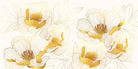 Luxury golden peony flower line art on beige background vector. Natural botanical elegant flower with gold foil texture. Design illustration for decoration, wall decor, wallpaper, cover, banner. © babeer