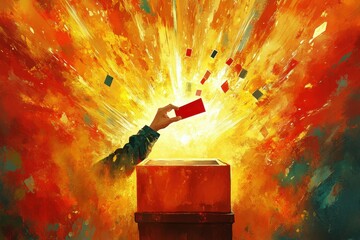 Election Day Banner. Hand dropping voting ballot into box with vibrant explosion background for election campaign, democracy concept, political event, public participation, and government voting prom